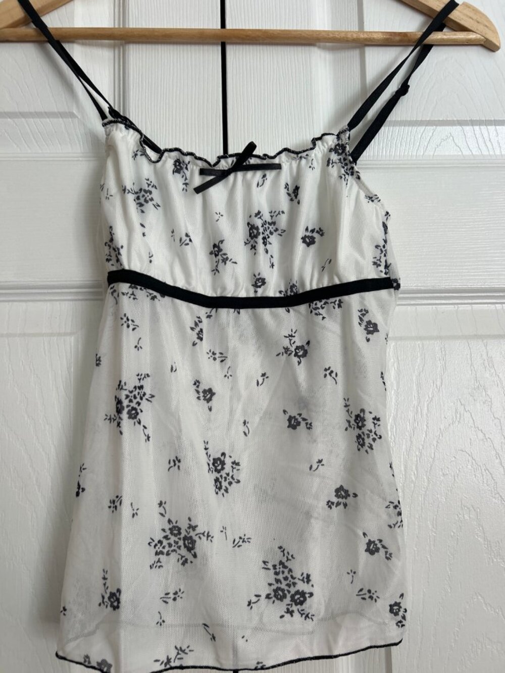 Y2K Sheer Mesh Cami White Floral Black Ribbon Straps Lace Top Size S